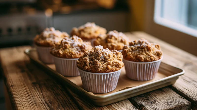 Six golden crumb-topped muffins on a parchment-lined tray on a wooden kitchen table