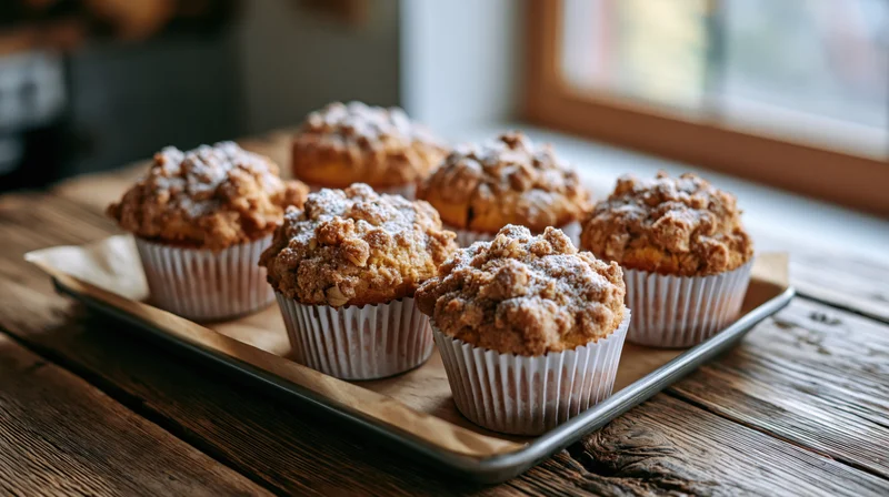 Six golden crumb-topped muffins on parchment-lined tray on wooden table near window