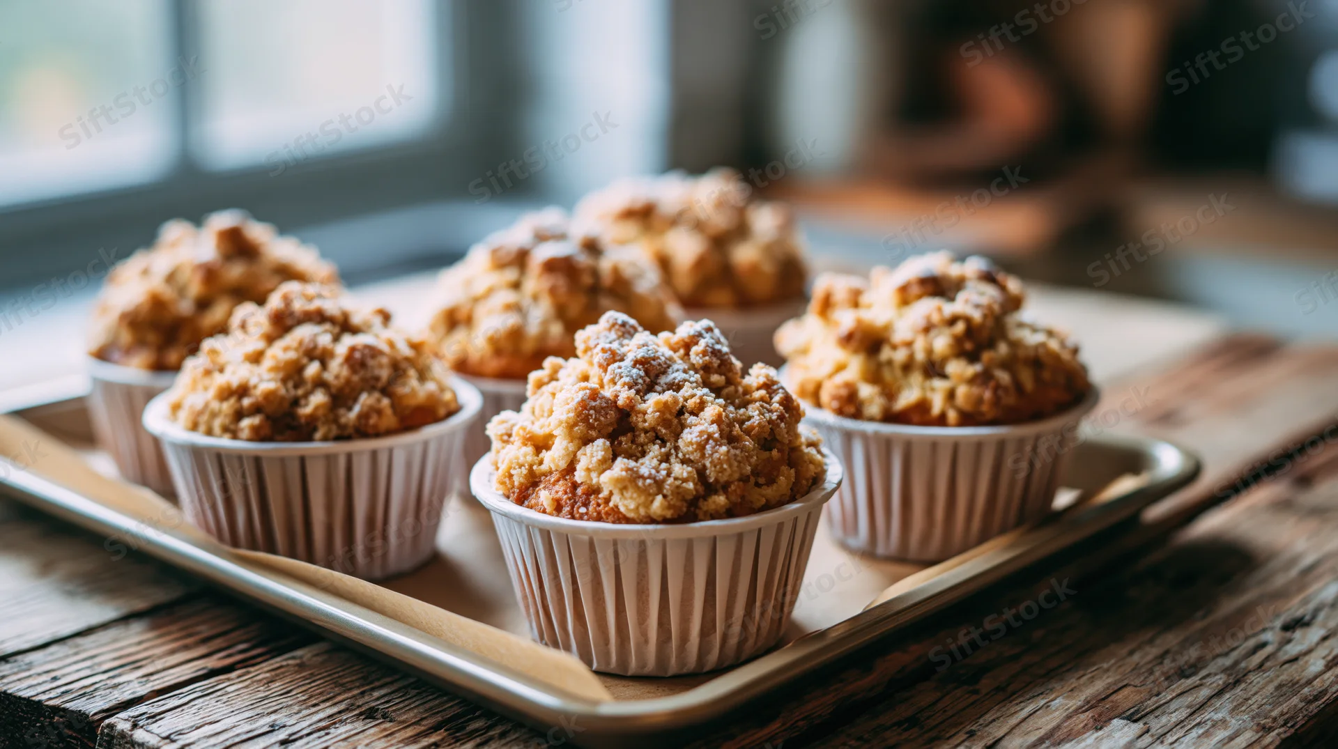 Six golden crumb-topped muffins arranged on a parchment-lined tray on a wooden table