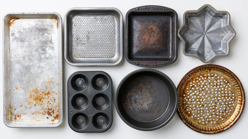 Six well-used metal baking pans arranged in a grid on a white background