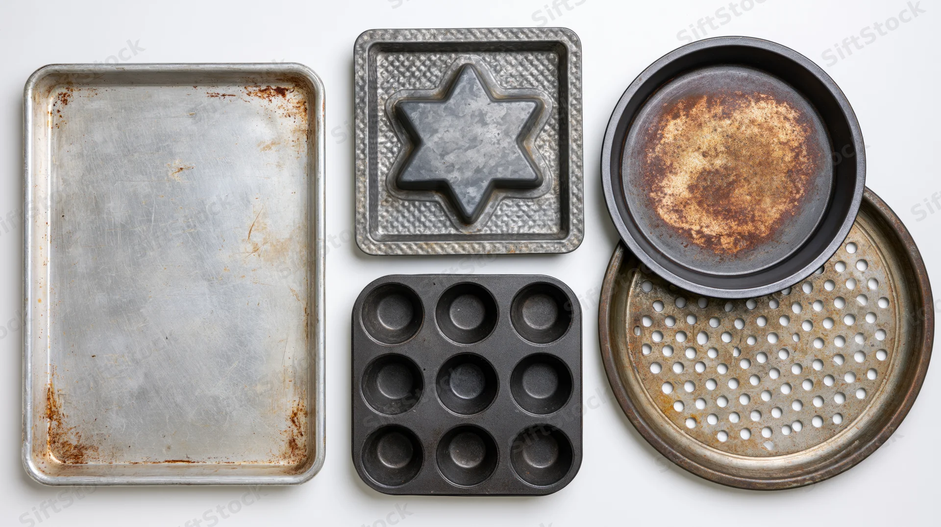 Six well-used metal baking pans arranged in a grid layout on a white surface