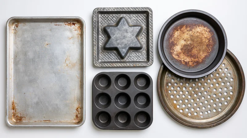 Six well-used metal baking pans arranged in a grid layout on a white surface