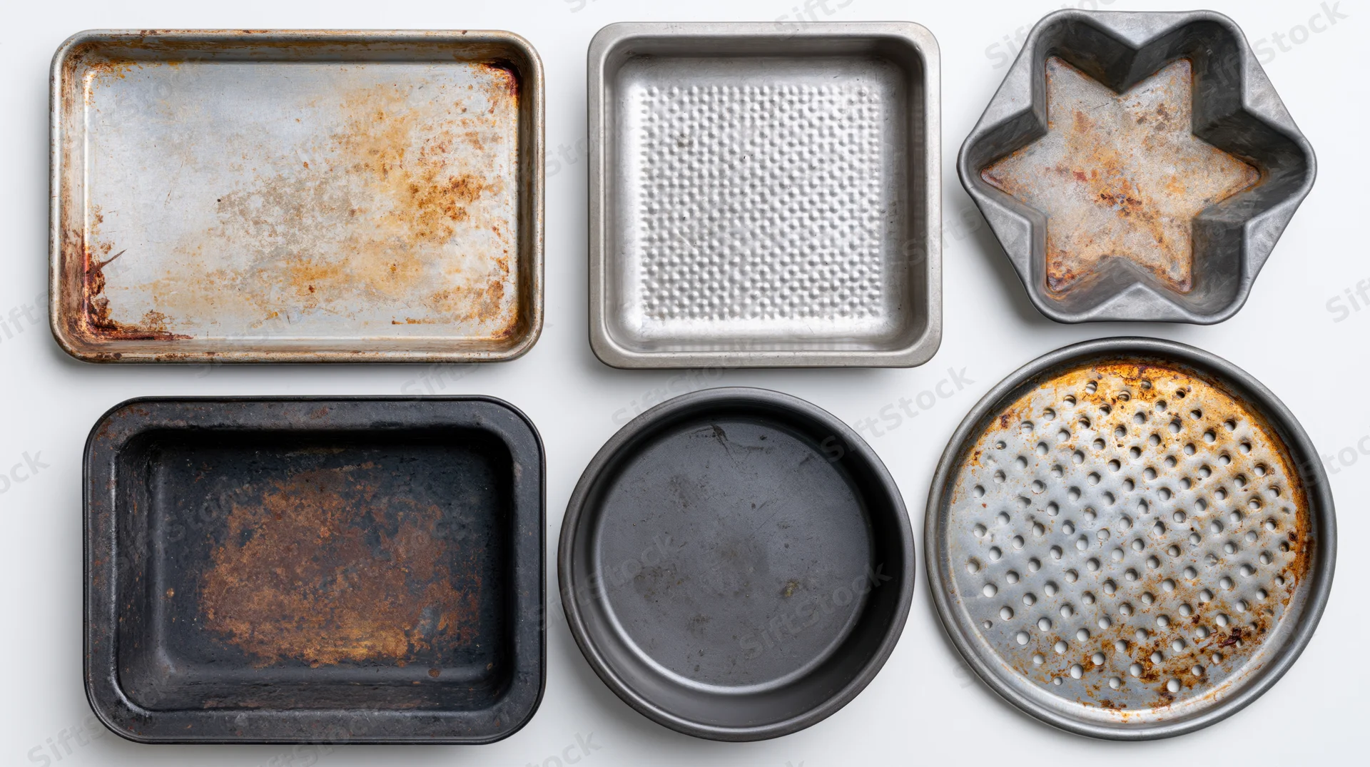 Six well-used metal baking pans arranged in a grid on a white surface