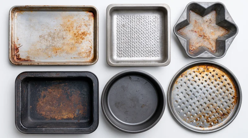 Six well-used metal baking pans arranged in a grid on a white surface