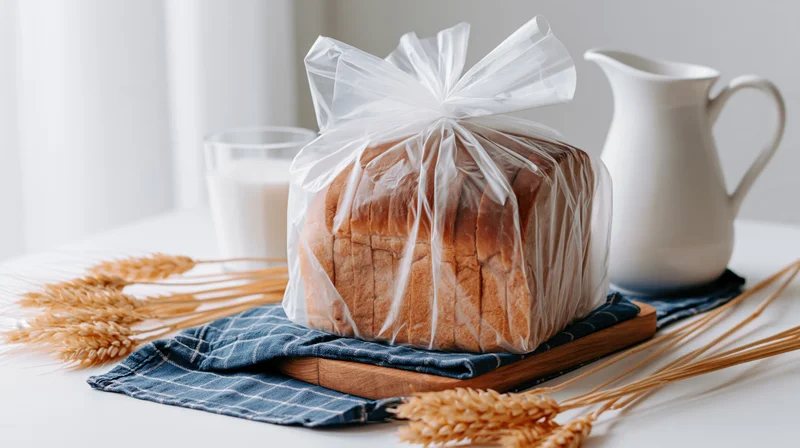 Sliced brown bread loaf in a clear plastic bag tied at the top on a wooden board with wheat stalks and a pitcher of milk on a kitchen table