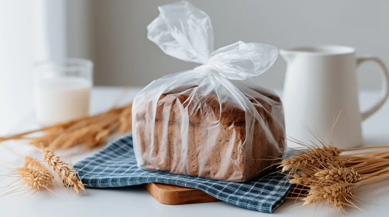 Sliced brown bread loaf in a clear plastic bag on a checkered napkin with wheat stalks and a milk jug on a white table