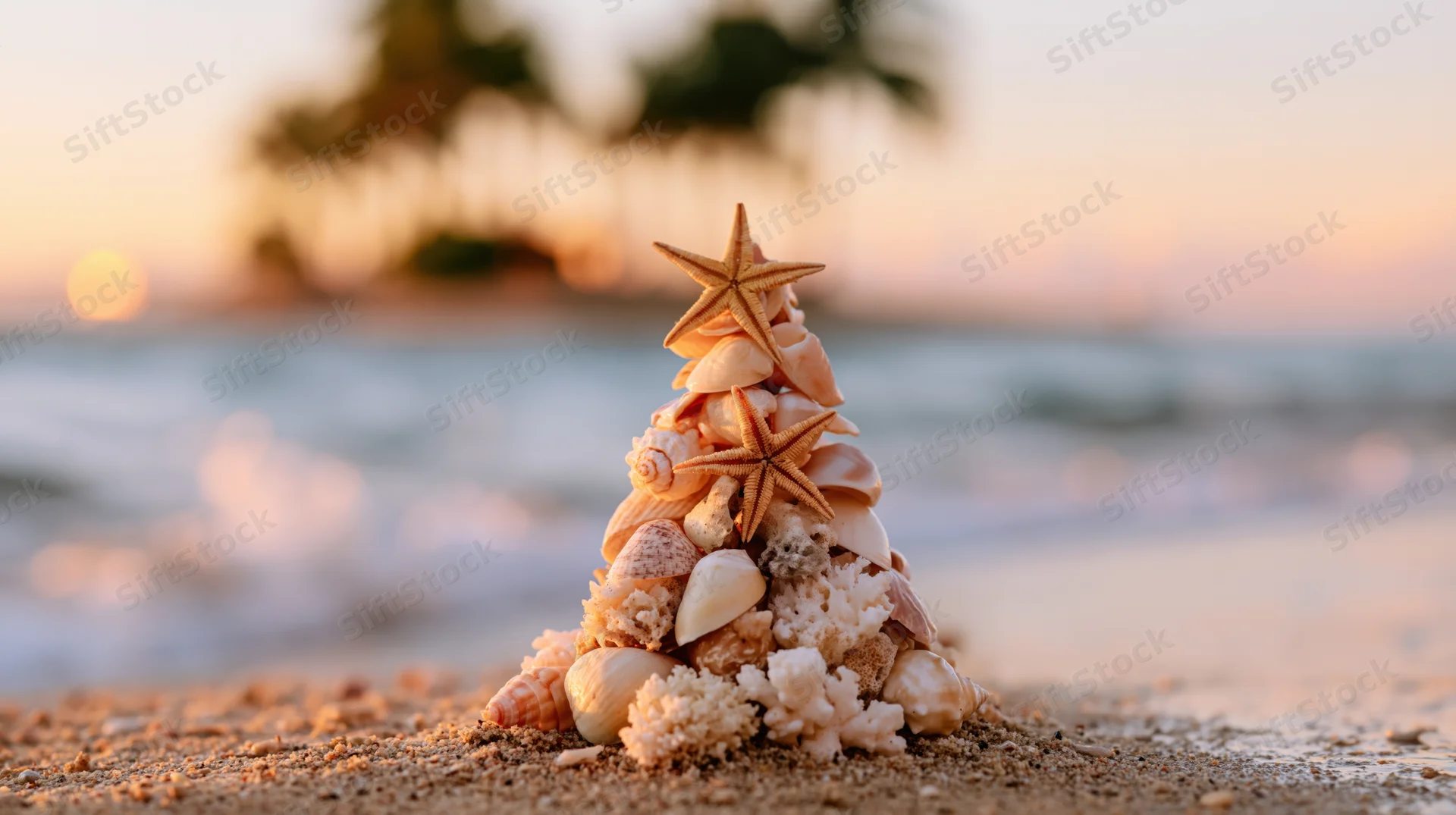 Seashell and starfish arrangement shaped like a christmas tree on sandy beach at sunset with ocean and palm trees in background