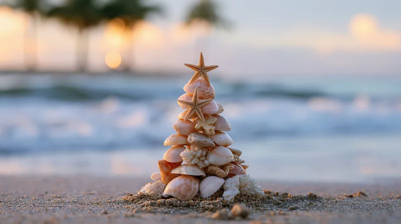 Seashell and starfish arrangement shaped like a christmas tree on sandy beach at sunset