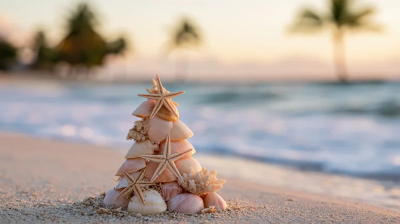 Seashell and starfish arrangement shaped like a christmas tree on sandy beach near ocean at sunset