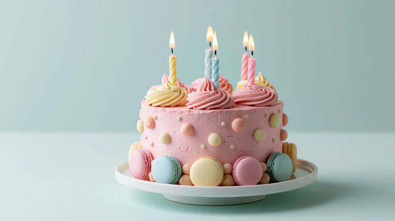 Pink frosted birthday cake with lit spiral candles and macarons on a white plate