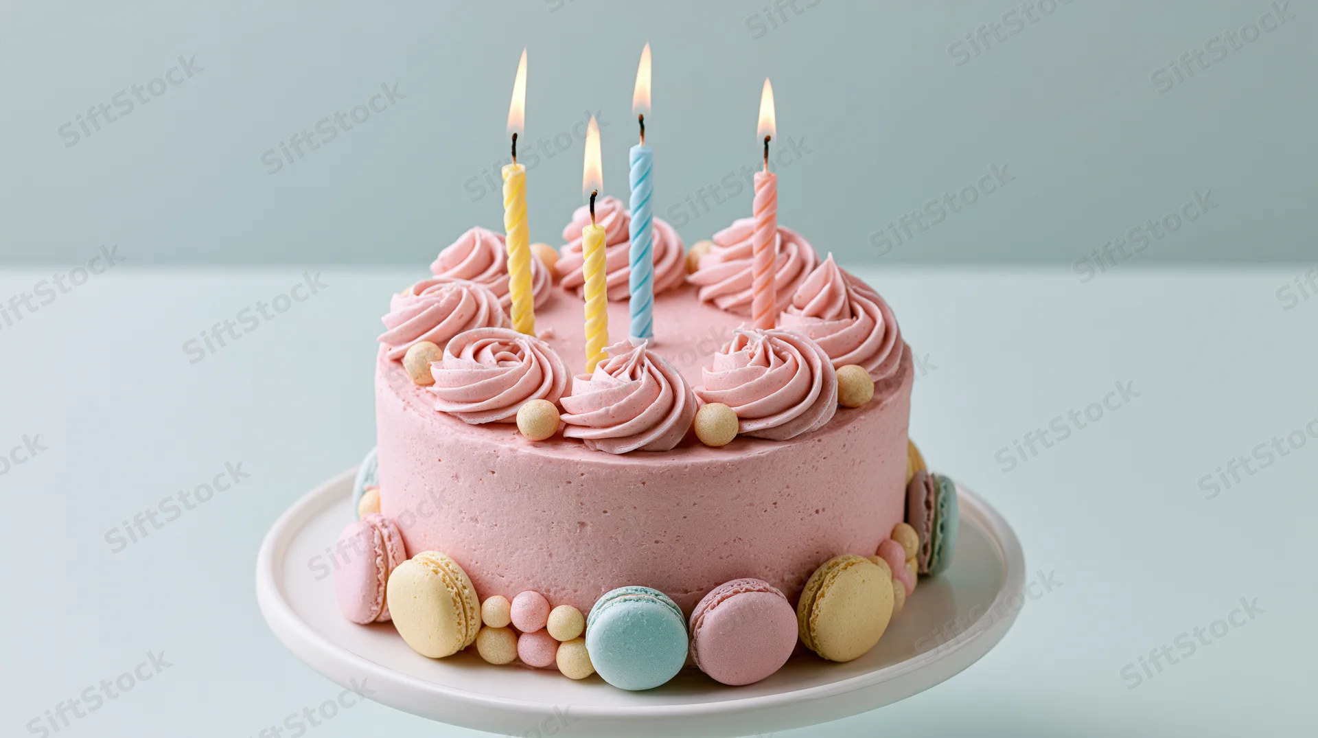 Pink frosted birthday cake with lit spiral candles and macarons on a white plate