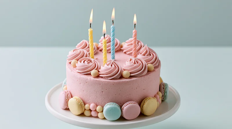 Pink frosted birthday cake with lit spiral candles and macarons on a white plate