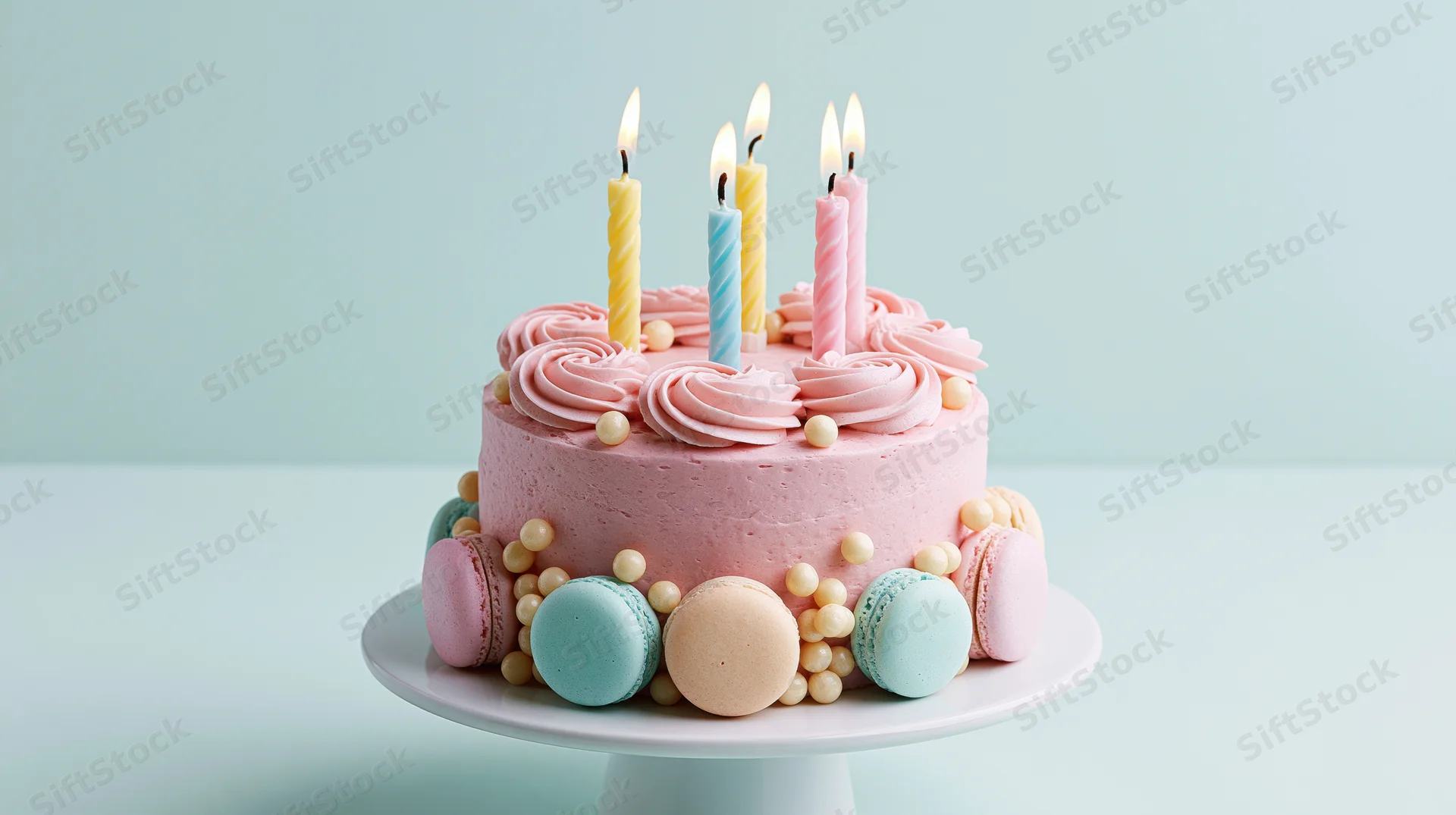 Pink frosted birthday cake with lit spiral candles and macarons on a white cake stand against a mint background