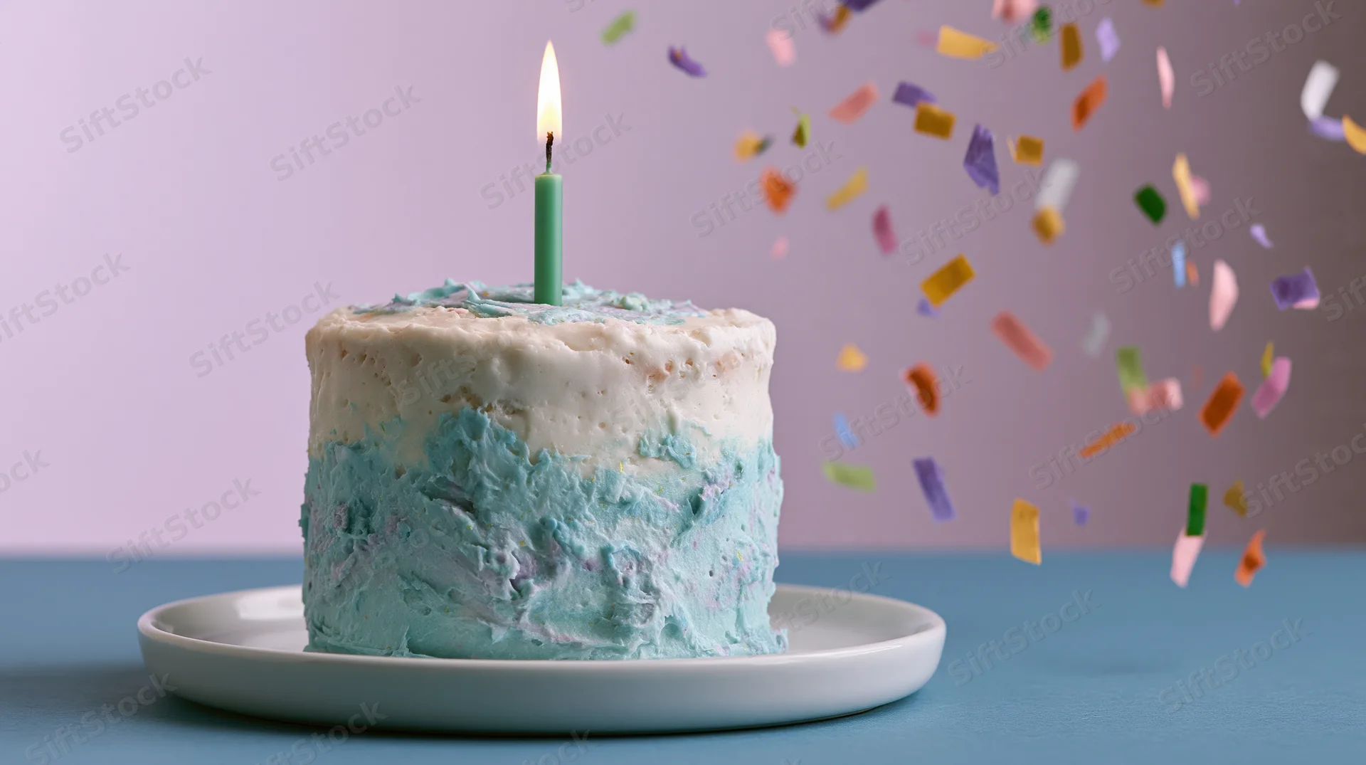 Small birthday cake with white and pastel blue frosting and single lit candle on plate, confetti falling beside it against pastel background