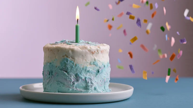 Small birthday cake with white and pastel blue frosting and single lit candle on plate, confetti falling beside it against pastel background