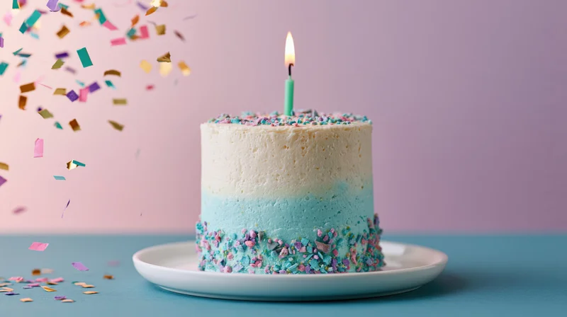 Small birthday cake with white and pastel blue frosting and one lit candle on a plate, surrounded by falling confetti