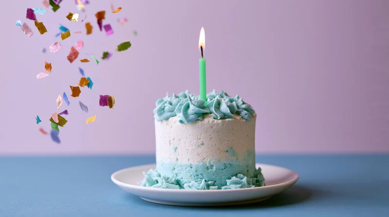 Small birthday cake with blue and white frosting and one lit candle on a plate, confetti falling beside it on a blue surface against a pastel purple background