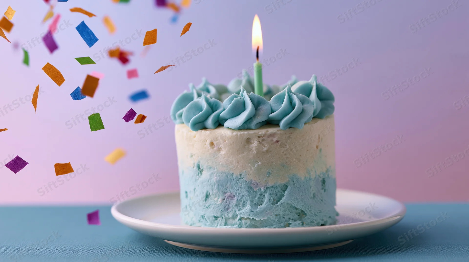 Small birthday cake with blue and white frosting and a lit candle on a plate, confetti falling around it against a pastel gradient background