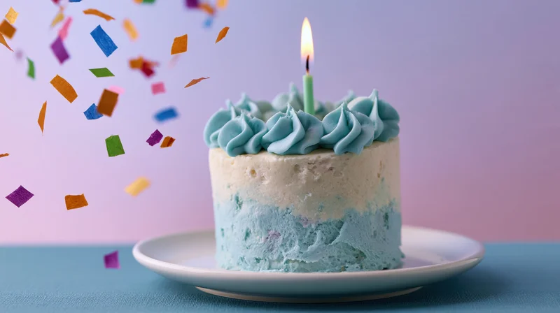 Small birthday cake with blue and white frosting and a lit candle on a plate, confetti falling around it against a pastel gradient background