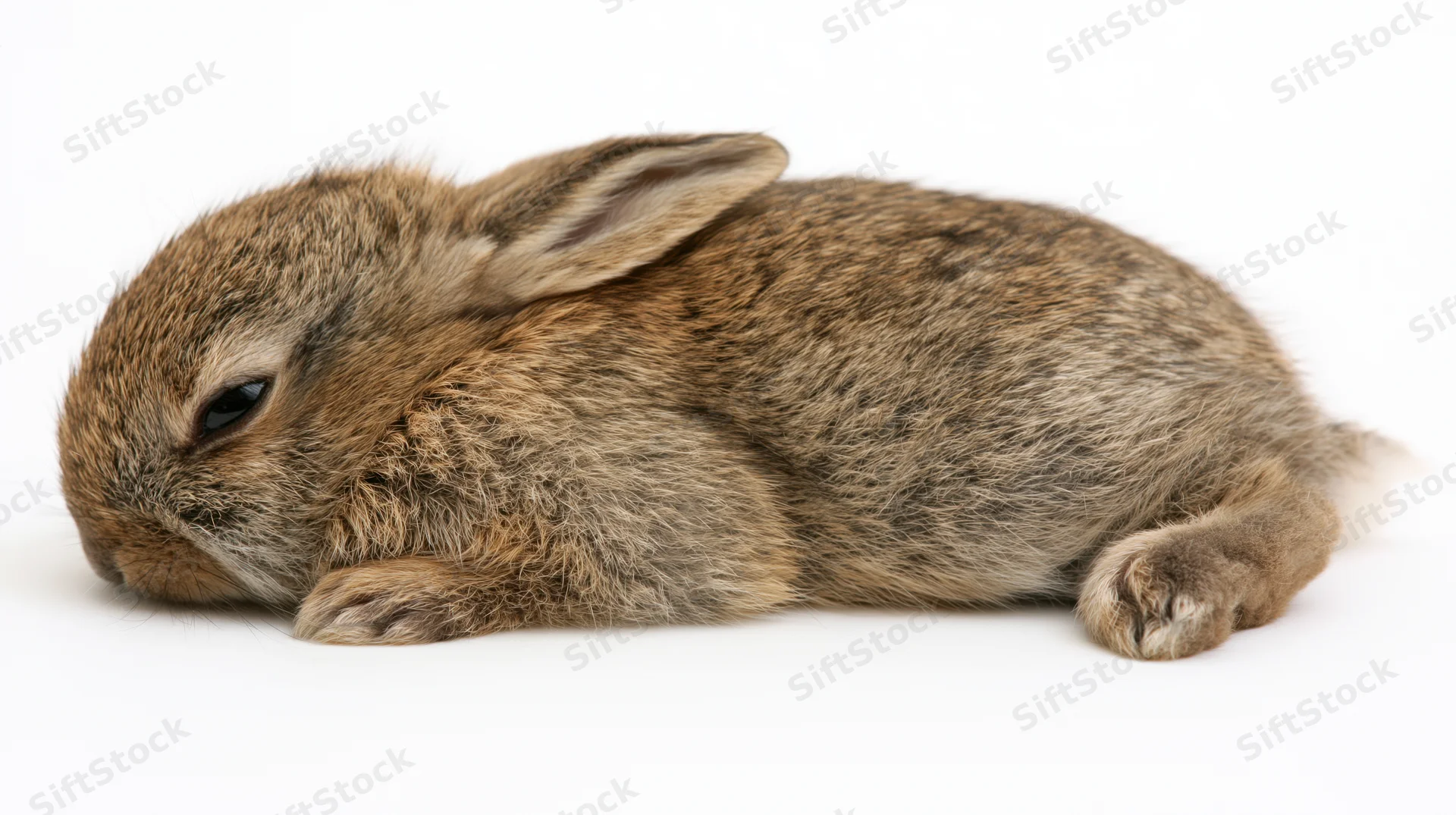 Baby rabbit lying flat on white studio background