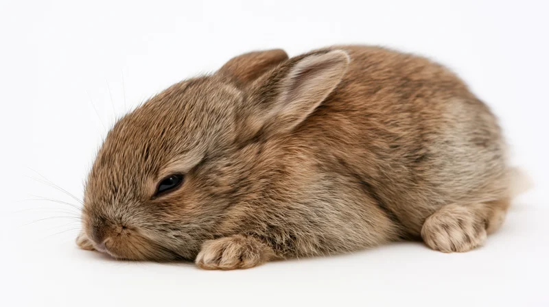 Baby rabbit lying flat on a white studio surface
