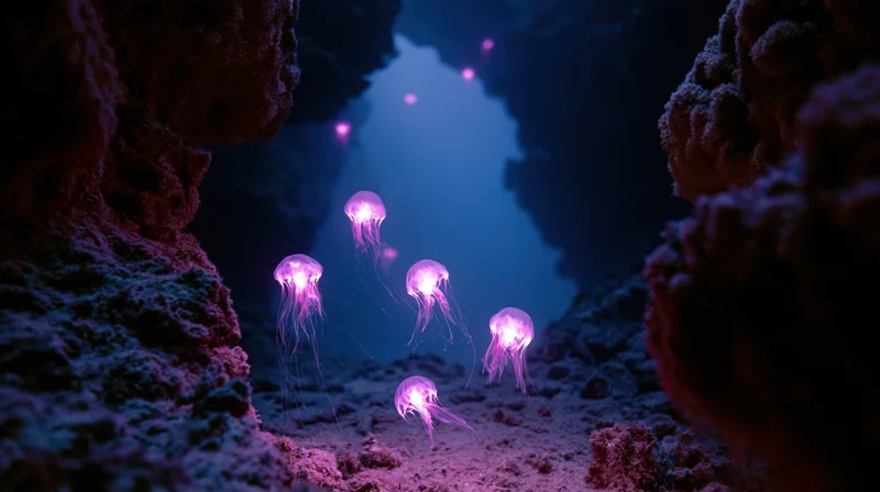 Glowing jellyfish drifting through a dark underwater cave