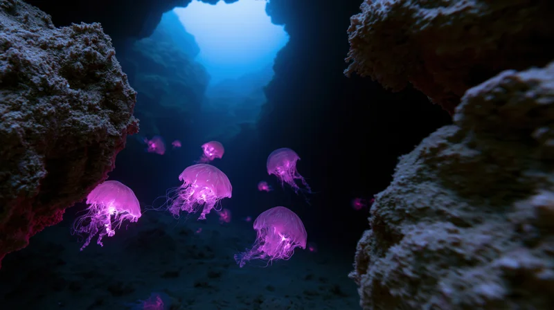 Glowing jellyfish drifting through a dark underwater cave with bioluminescent light filtering through the opening