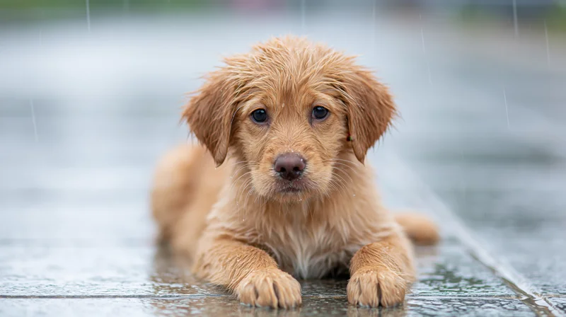 Golden-brown puppy lying on wet pavement in the rain