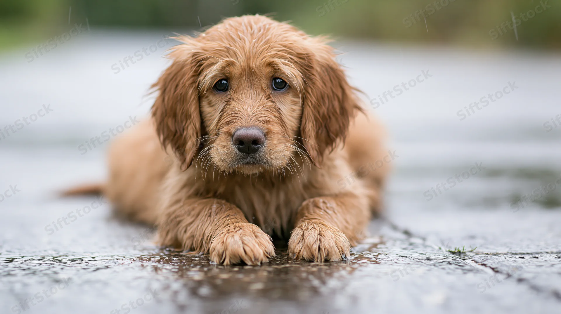 Golden-brown puppy lying on wet pavement in the rain