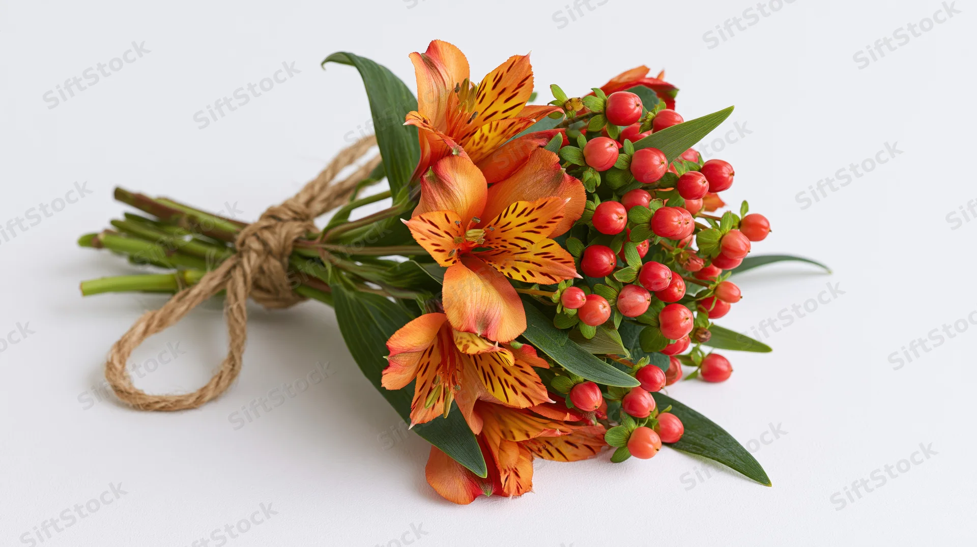 Hand-tied bouquet of orange alstroemeria flowers and red berries with green leaves on white background