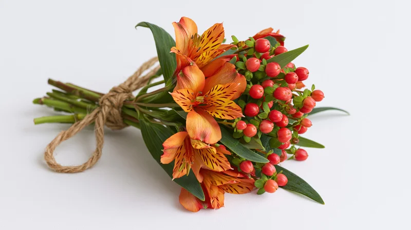 Hand-tied bouquet of orange alstroemeria flowers and red berries with green leaves on white background