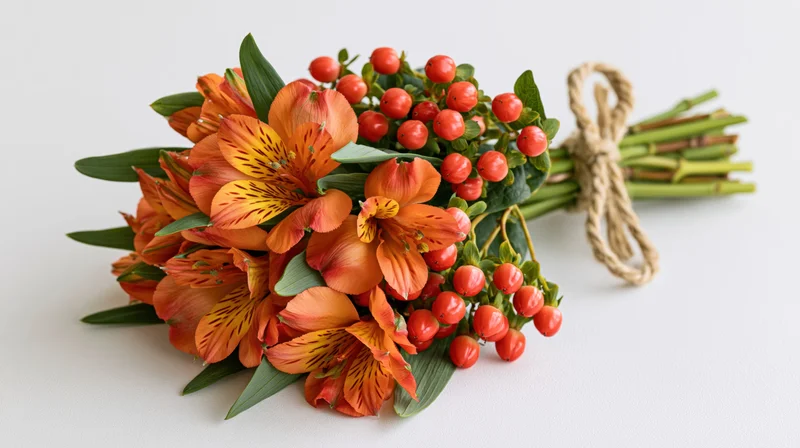 Hand-tied bouquet of orange alstroemeria flowers and red berries on white background