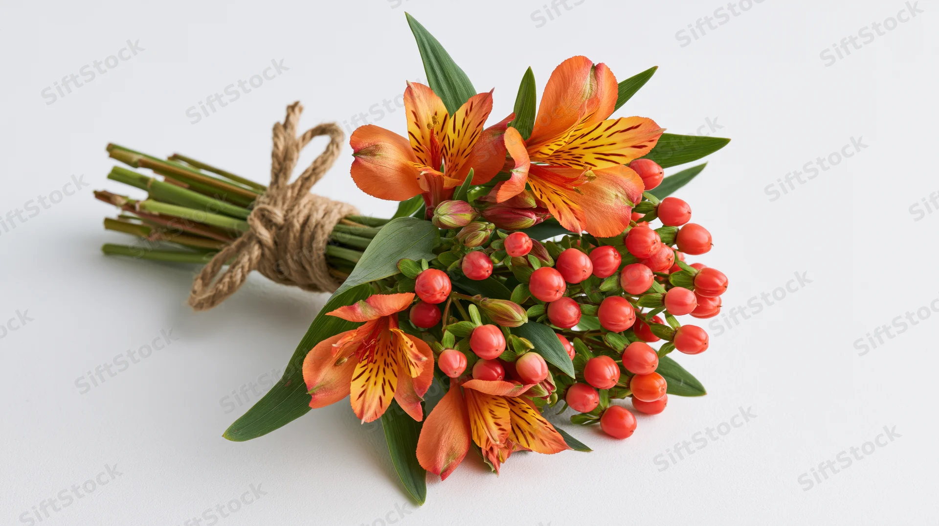 Hand-tied bouquet of orange alstroemeria flowers and red berries on white background
