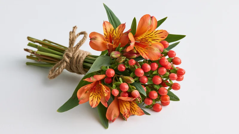 Hand-tied bouquet of orange alstroemeria flowers and red berries on white background