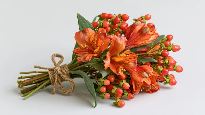 Hand-tied bouquet of orange alstroemeria flowers and red berries on white background