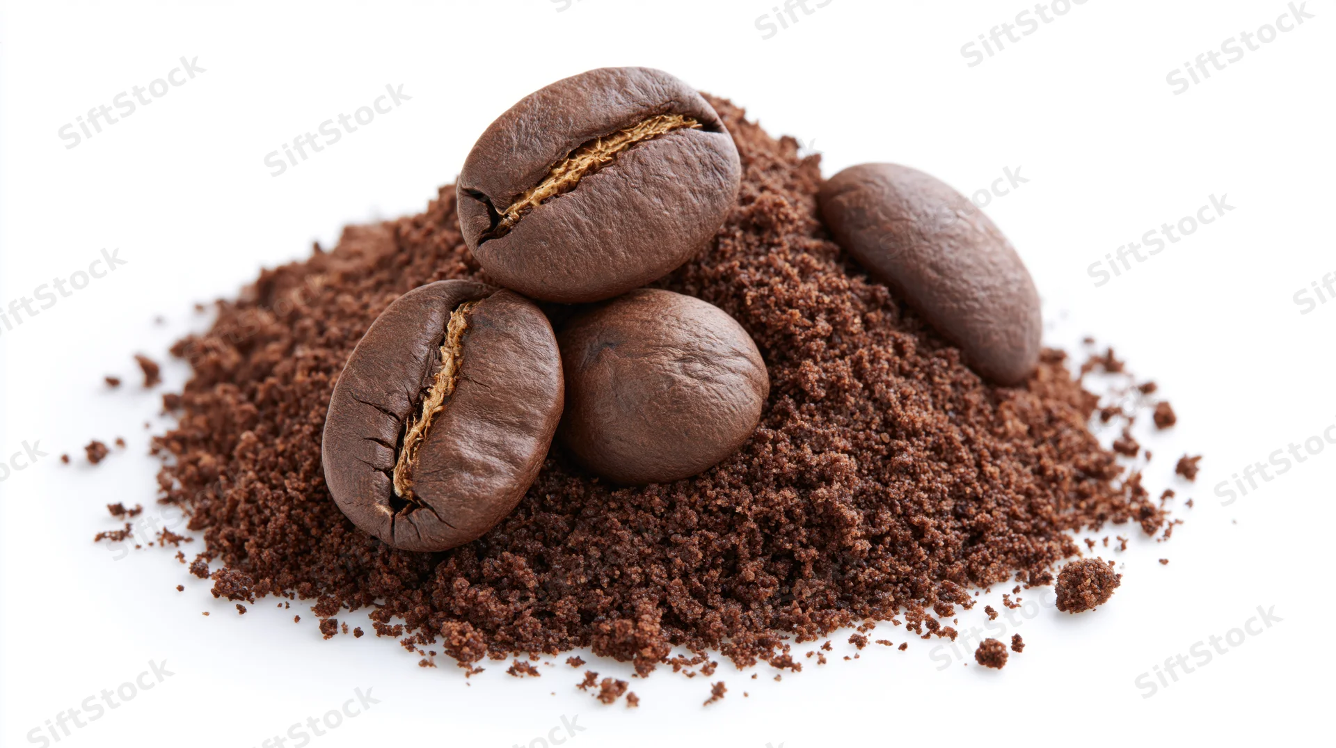 Whole roasted coffee beans resting on a pile of coarsely ground coffee against a white background