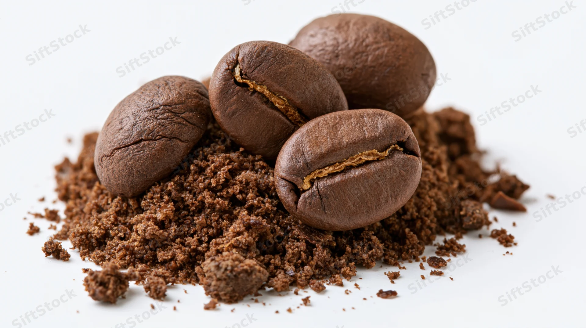 Whole roasted coffee beans resting on a pile of coarsely ground coffee against a white background
