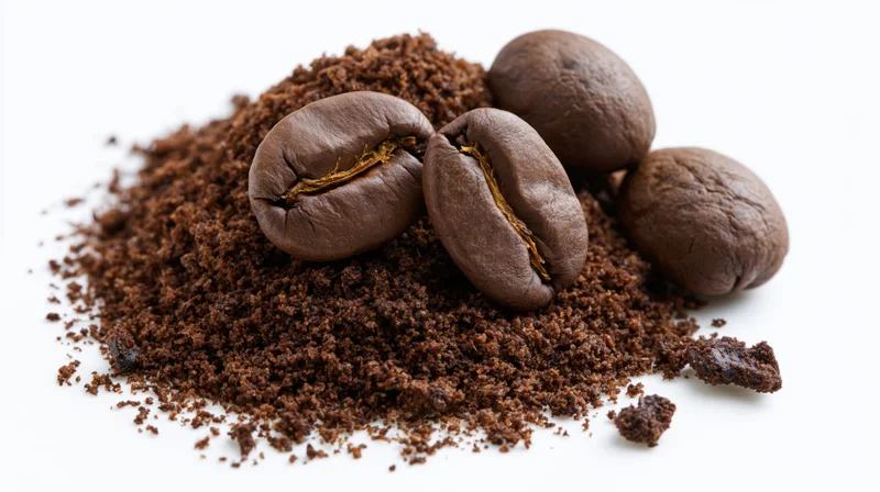 Pile of coarsely ground coffee with whole roasted beans on white background
