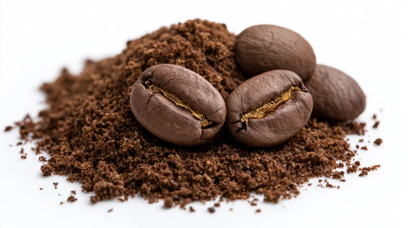Pile of coarsely ground coffee with whole roasted beans on white background
