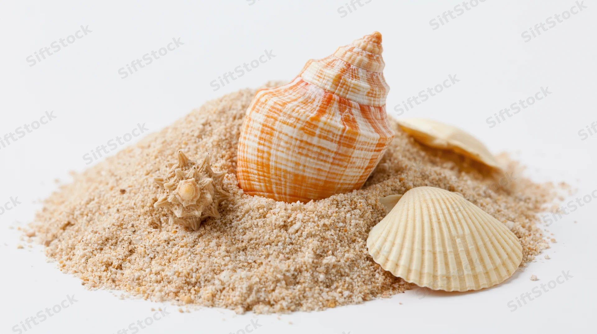 Seashells resting on a small pile of dry beach sand against white background