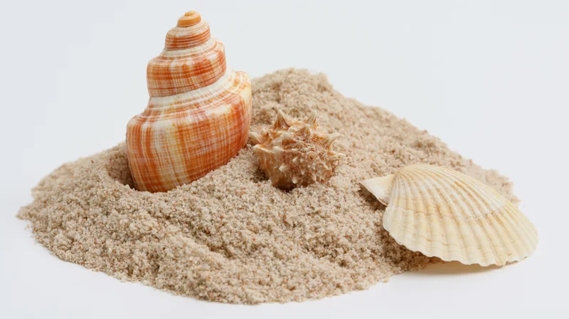 Three seashells resting on a small pile of dry beach sand against white background