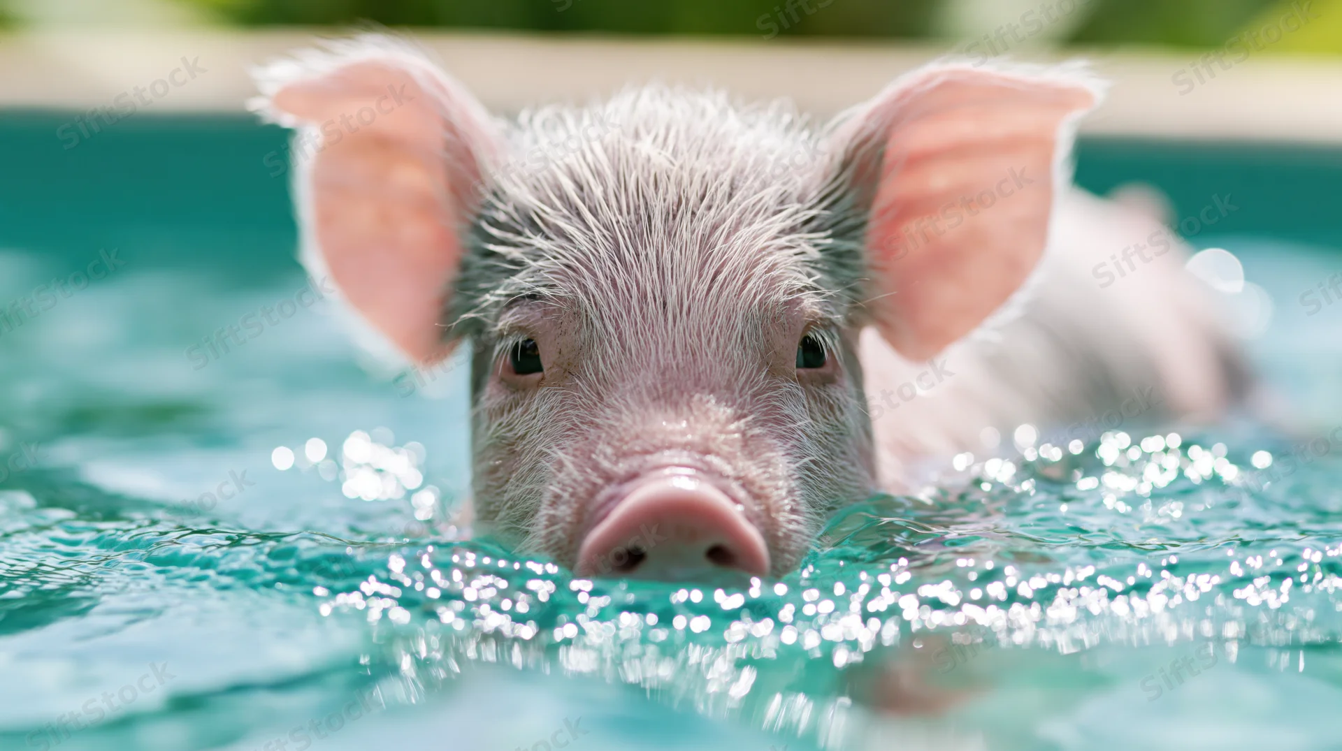 Piglet swimming in turquoise pool with head above water