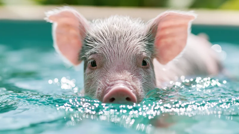 Piglet swimming in turquoise pool with head above water
