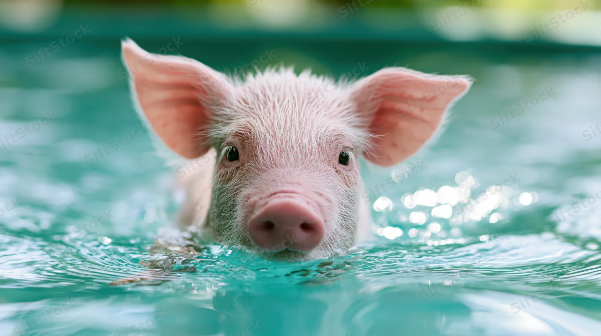 Piglet swimming in turquoise pool with head above water