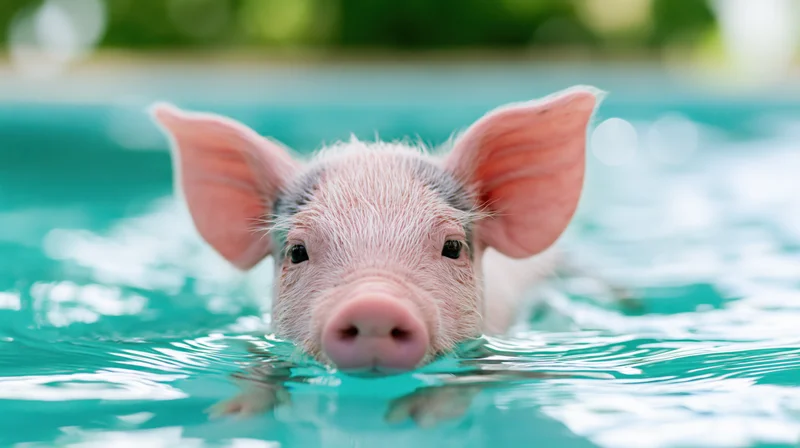 Piglet swimming in turquoise pool with head above water