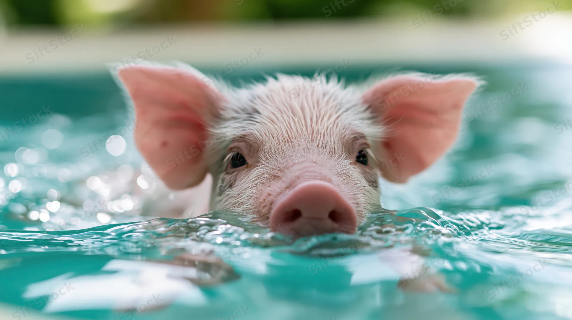 Piglet swimming in turquoise pool with head above water