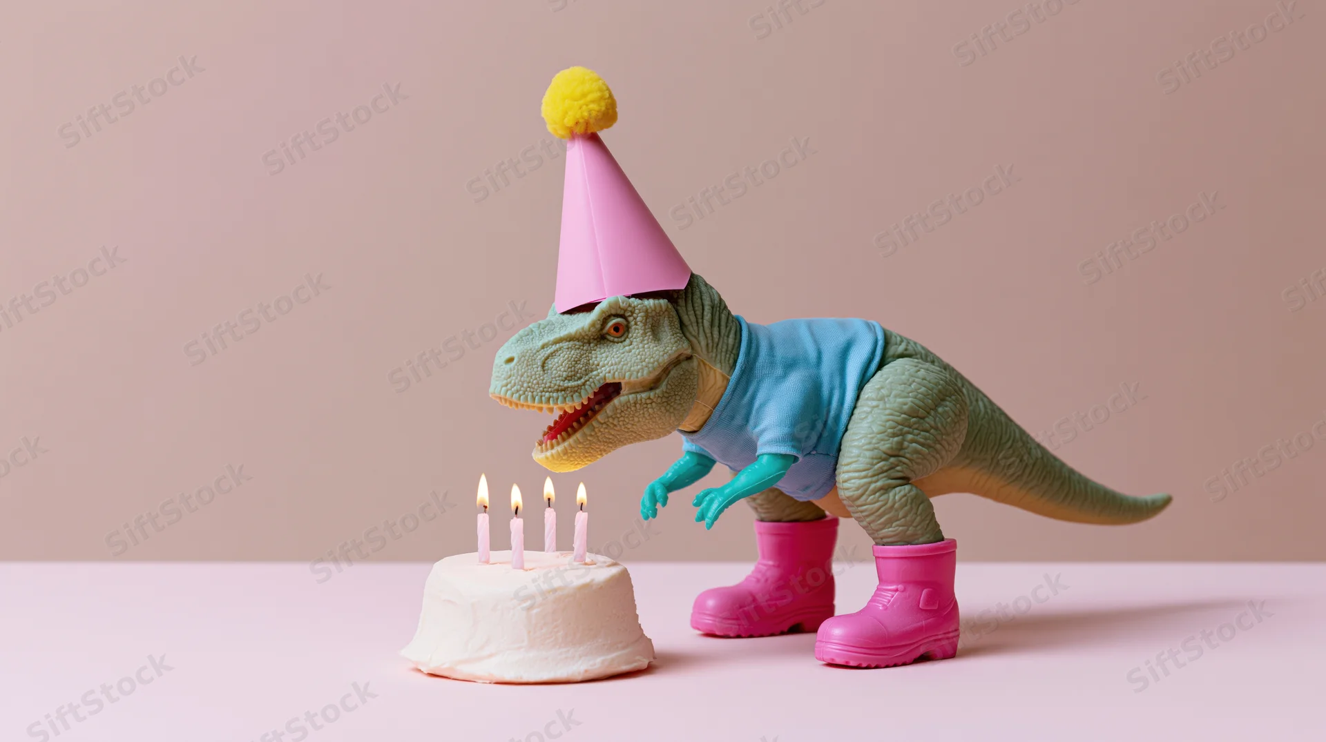 Plastic t-rex toy wearing pink party hat and boots blowing out candles on a small birthday cake