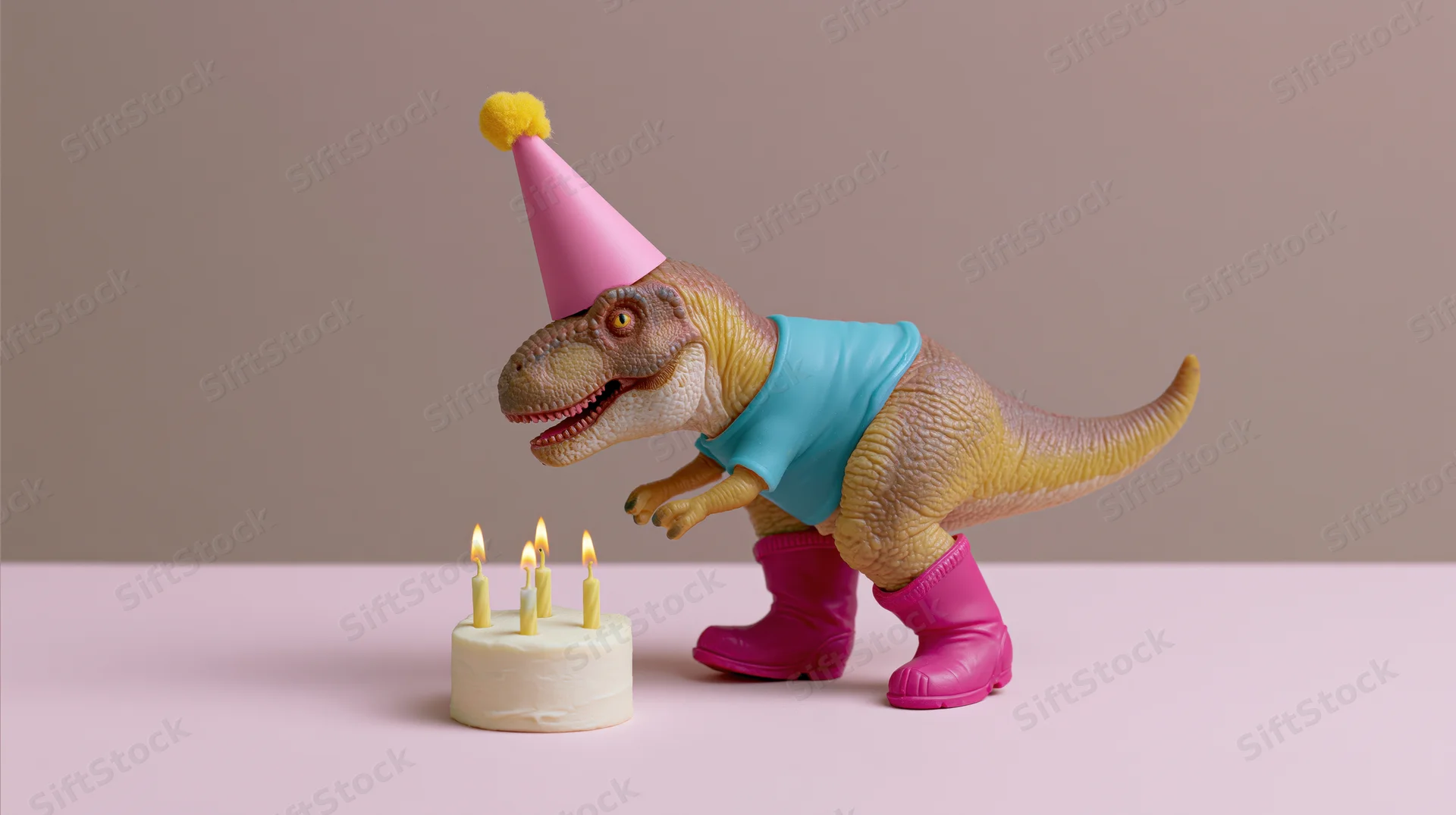Plastic t-rex toy wearing party hat and boots blowing out candles on a small birthday cake