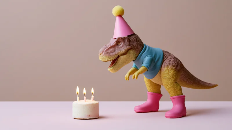 Plastic t-rex toy wearing pink party hat and boots blowing out candles on small birthday cake