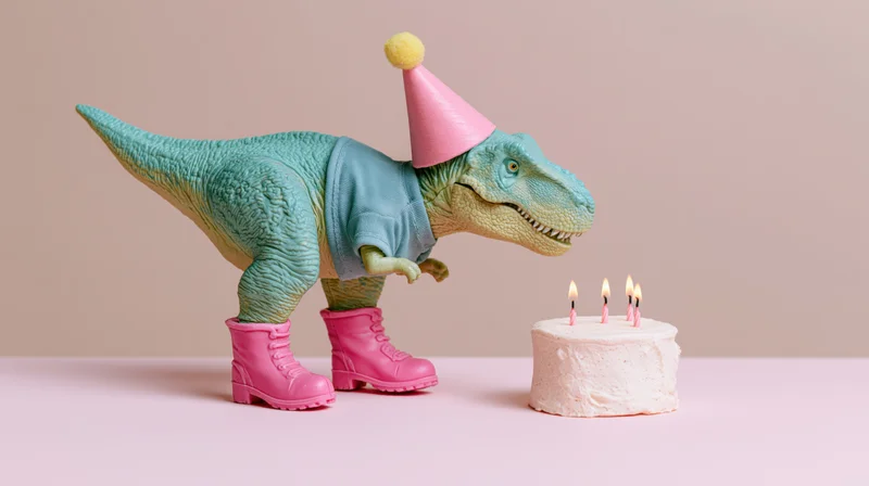 Plastic t-rex toy wearing pink party hat and boots blowing out candles on a small birthday cake on a pastel surface